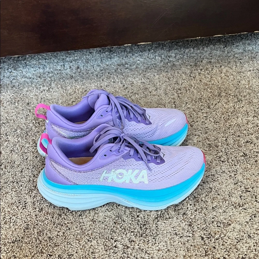 Hoka Bondi 8 Women's Lavender and Aqua Athletic Shoes - Picture 2 of 6